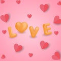 Love concept background. Paper hearts and the word love on a pink background. Vector illustration. Royalty Free Stock Photo
